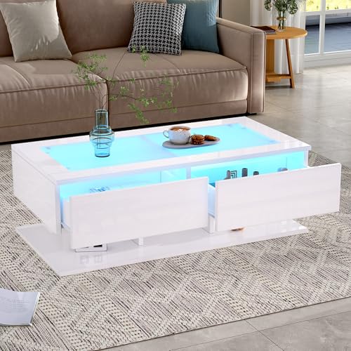 Doyisy 100x50x35cm Couchtisch, Hochglanz Sofatisch, Wohnzimmertisch mit Schubladen, Kaffeetisch mit LED-Licht, Glasplatte (Weiß) von Doyisy