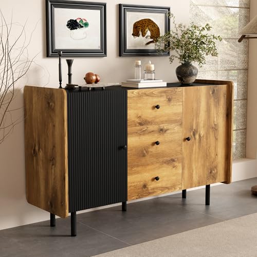 Doyisy 120 cm Schwarzer und Holzfarbener Sideboard - Moderner Stil, Zwei Türen und DREI Schubladen 120x40x75CM von Doyisy