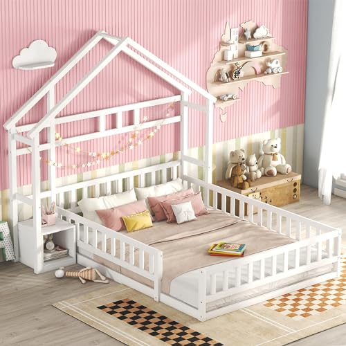 Doyisy 140 x 190cm Kinderbetten, Flachbetten, Hausbetten mit Geländer, Kinderbetten mit Nachttischen, Ohne Matratze (Weiß) von Doyisy