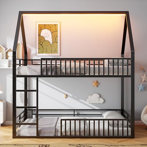 Doyisy 140x200 Haus-Etagenbett mit Zaun und LED-Licht (Schwarz) von Doyisy