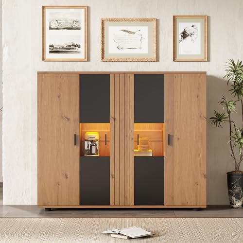 Doyisy 140x35x113cm Wohnzimmerseitenschrank,Wohnraum-Beistellschrank mit Trennwand-Design und verstellbaren Trennwänden, Sideboard in Schwarz + Holzfarbe und 4 Türen Doyisy 140x35x113cm Wohnzimmerseitenschrank,Wohnraum-Beistellschrank mit Trennwand-Design und verstellbaren Trennwänden, Sideboard in Schwarz + Holzfarbe und 4 Türen von Doyisy