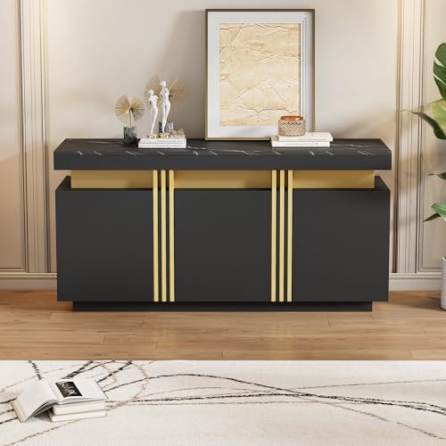 Doyisy 140x38x70cm Modernes Schwarz Sideboard-Display, 3 Türen, Esszimmerschrank mit verstellbaren Trennwänden, Schwarze und GOL, breite grifflose Schließfächer Doyisy 140x38x70cm Modernes Schwarz Sideboard-Display, 3 Türen, Esszimmerschrank mit verstellbaren Trennwänden, Schwarze und GOL, breite grifflose Schließfächer von Doyisy