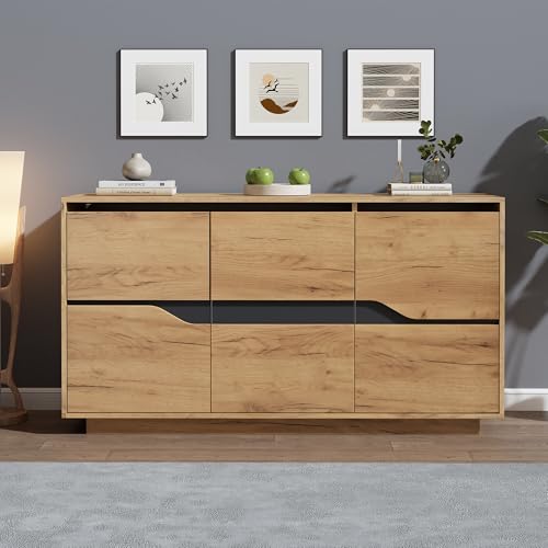 Doyisy 140x40x76cm Wohnzimmer Kommode,Sideboards Mit 3 Türen,Esszimmerschrank mit verstellbaren Trennwänden,breite grifflose Schließfächer,Beistellschrank (Holzfarbe + Schwarz) von Doyisy