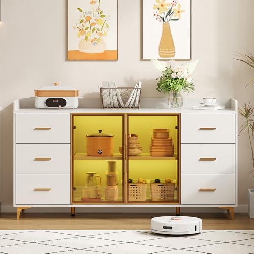 Doyisy 160×44×87cm,weiß,moderner Küchenschrank/Sideboard/6 Schubladen/Glastüren/Fernbedienbare LED-Beleuchtung/Stimmungsbeleuchtung und goldene Metallgriffe Doyisy 160×44×87cm,weiß,moderner Küchenschrank/Sideboard/6 Schubladen/Glastüren/Fernbedienbare LED-Beleuchtung/Stimmungsbeleuchtung und goldene Metallgriffe von Doyisy