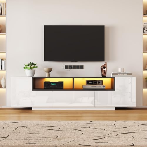 Doyisy 180x40x48cm Standfernsehschrank,Lowboard Mit LED-Licht,Fernsehschrank mit L-Form und Schubladen,TV-Schrank in Hochglanzweiß,Geeignet für 75-Zoll-Fernseher,Weiß+Schwarz von Doyisy