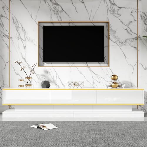Doyisy 200x40x40cm Fernsehschrank, Lowboard mit 3 Schubladen, Hochglanz-TV-Ständer,Wohnzimmerschrank mit großem Stauraum, Warmweißer TV-Tisch mit Goldener Kante,Standfernsehschrank von Doyisy