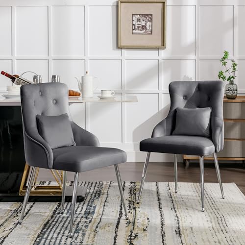 Doyisy 2er Set Esszimmerstuhl mit Knopfmuster, Gepolsterter Sessel, Stühle mit Metallbeinen, Moderner Loungesessel, Schlafzimmer-Wohnzimmerstuhl mit Lendenkissen 54.5x58.5x87.5CM (Grau) von Doyisy