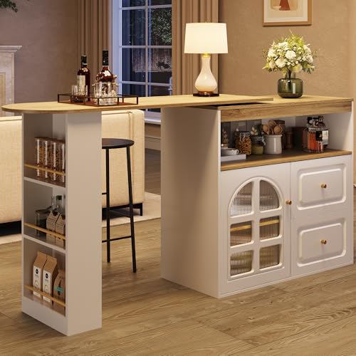 Doyisy 360° drehbare Essbar, schlicht und modern, 2 Schubladen, Snackregal, offenes Ablagefach, drehbarer Sideboardschrank mit Regalen und Bogenglas (weiß) von Doyisy