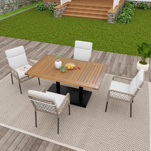 Doyisy 5-teiliges Esstisch- und Stuhlset für den Außenbereich für 4 Personen, Tischplatte aus massivem Akazienholz, Stühle mit PE-Rattanumwicklung (Weiß und Holz) von Doyisy
