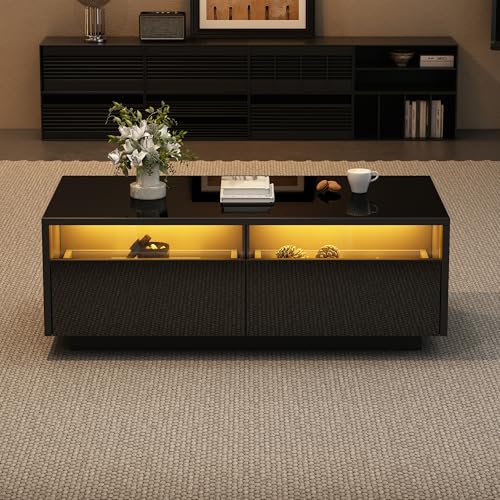 Doyisy 94x50x34 cm Schwarzer Hochglanz-LED-Couchtisch, Sofatisch aus gehärtetem Glas mit 2 Schubladen, Aufbewahrungstisch mit Vitrinentür für das Wohnzimmer Doyisy 94x50x34 cm Schwarzer Hochglanz-LED-Couchtisch, Sofatisch aus gehärtetem Glas mit 2 Schubladen, Aufbewahrungstisch mit Vitrinentür für das Wohnzimmer von Doyisy