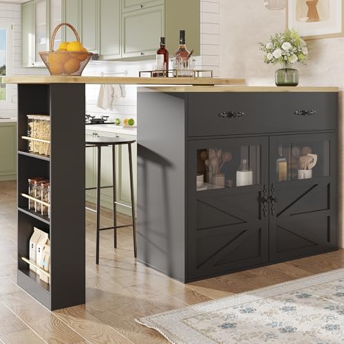 Doyisy Ausziehbarer Bartisch mit Stauraum(138-204×39×104cm), 360° drehbare Essbar,Moderner Beweglicher Bar Table,Hochtisch Kücheninsel Bistro Table, Sideboardschrank mit Regalen (Schwarz) von Doyisy