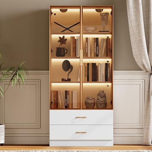 Doyisy Badezimmerschrank, mittel, mit Lichtleiste, 75 cm breit, mit 2 großen Schubladen und 2 Türen, Glastür (Weiß) von Doyisy