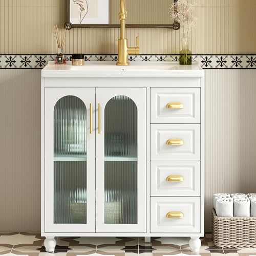 Doyisy Badmöbel Einzel Waschtisch mit Unterschrank 80cm mit Keramik-Waschbecken,weiß 80x47x90CM von Doyisy
