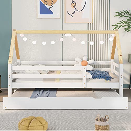 Doyisy Baumhausbett, Tagesbett, Einzelbett, Kinderbett, Ausziehbett, Schiebebett mit Rollen unten, Massivholz, weißes Bett, naturfarbener Dachstuhl (90x200 & 90x190CM) von Doyisy