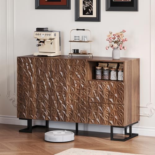 Doyisy Beistellschrank 120×40×78.5 cm–Blattpoesie Serie–Dunkle Walnussmaserung mit Blattrelief–Metallbeine, 2 Türen und 2 Schubladen–geeignet für Esszimmer, Wohnzimmer oder Flur von Doyisy