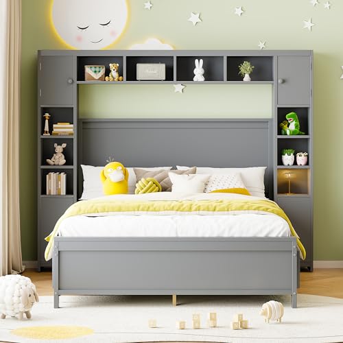 Doyisy Bettgestell mit Stauraum 140 * 200, mit 4 Schubladen und großem Stauschrank, Doppelbett aus Massivholz mit Lattenrost (Grau) von Doyisy