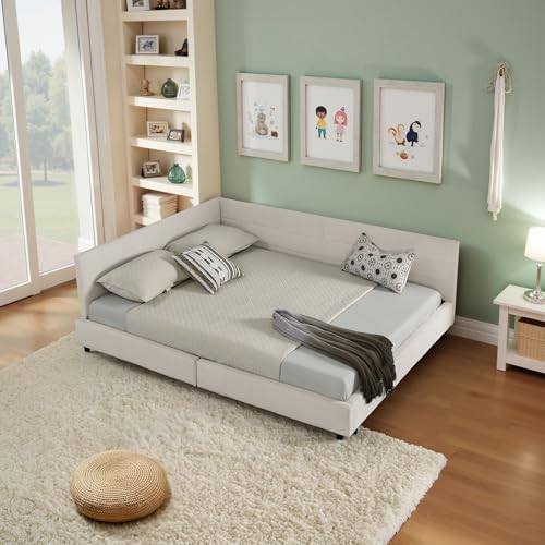Doyisy Doppelbett 140x200 cm mit Polsterung, weiches hautfreundliches Samt, L-förmiges Eckbettgestell, robuste Eukalyptus- und Eisenlatten, einfach zu montieren, Beige (ohne Matratze) von Doyisy