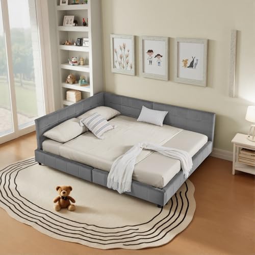 Doyisy Doppelbett 160x200 cm mit Polsterung, weiches hautfreundliches Samt, L-förmiges Eckbettgestell, robuste Eukalyptus- und Eisenlatten, einfach zu montieren, Dark Gray (ohne Matratze) von Doyisy
