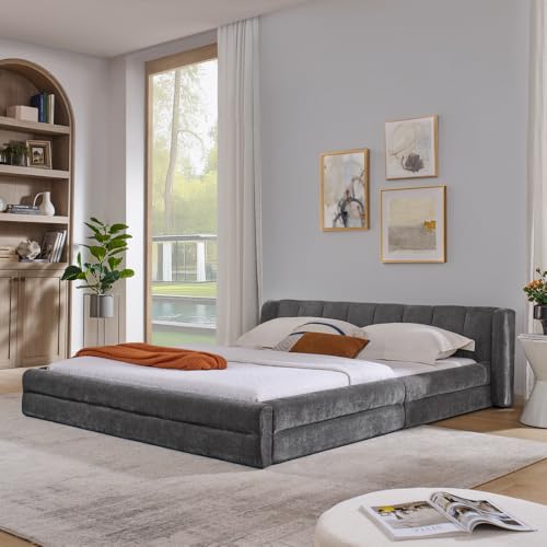 Doyisy Doppelbett 160×200cm, Chenillestoff, komfortable Rückenlehne, Robustes Eukalyptus- und Eisengestell, einfach zu montieren, Dark Gray (ohne Matratze) von Doyisy
