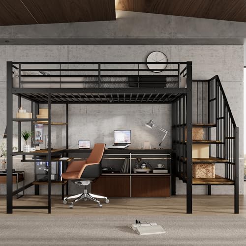 Doyisy Eisenbett, Hochbett, Mit Ladeanschluss, Bequeme und sichere Ecktreppe, Schreibtischbereich mit Tastaturablage und Ablagebereich, Eisen + MDF, Schwarz+dunkle, 120x200cm von Doyisy