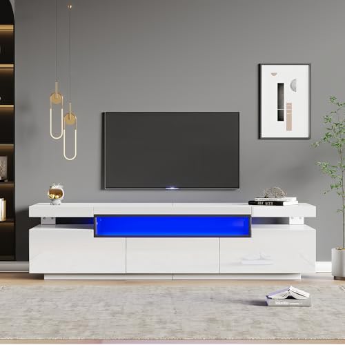 Doyisy Eleganter Hochglanz-TV-Schrank 160x39x42cm – Weiß mit 16 Farben LED-Beleuchtung – Platz für 70 Zoll Fernseher – Inklusive 3 Schubladen,Hochglanz-TV-Ständer von Doyisy