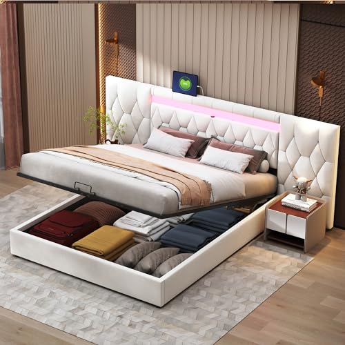 Doyisy Elegantes Polsterbett 180x200 mit großer Rückenlehne, Samtbett mit LED und USB-Steckdose, hydraulisches Stauraumsystem, Bett Classic Beige von Doyisy