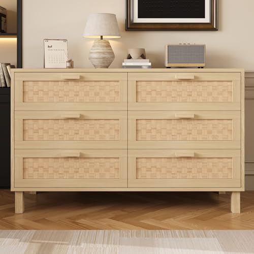 Doyisy Elegantes Sideboard und Kommode aus Naturholz mit sechs Schubladen, Schlafzimmerschrank mit viel Stauraum, Schubladen in Rattanoptik 120 L x 75 B x 40H(cm) von Doyisy