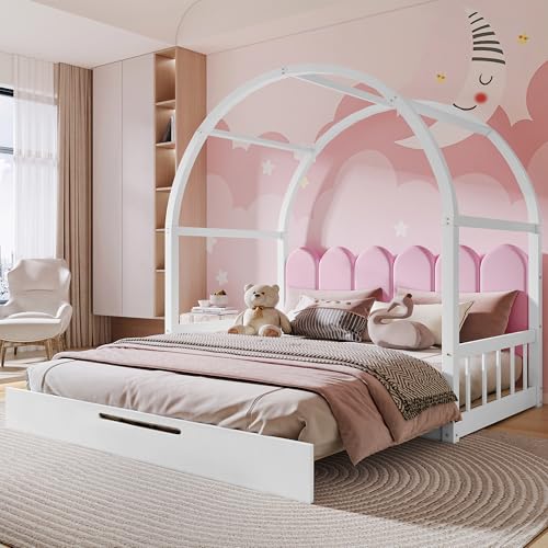 Doyisy Erweiterbares Gewölbtes Dachbett, Schiebebett, Kinderbett, Tagesbett, Doppelbett, Samtkissen, Rahmen aus Kiefernholz, Weiß+Rosa (140x100cm&140x200cm) von Doyisy