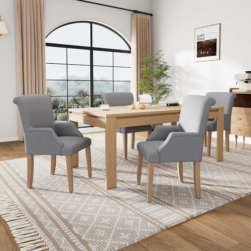 Doyisy Esszimmerstuhl aus Leinen, 4er-Set mit Beinen aus Massivholz, mit Armlehnen, dickem Kissen, verstellbaren Beinen, Schlafzimmerstuhl, Küchenstuhl, Wohnzimmer-Loungesessel, 51x61x88CM Grau (4) von Doyisy
