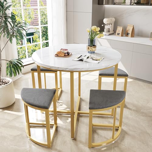Doyisy Esszimmertisch-Set mit Vier Stühlen,Essgruppe mit MDF-Tischplatte und vergoldeten Eisenrahmen,Samtstuhl,Moderne Luxustische und-stühle,grau von Doyisy