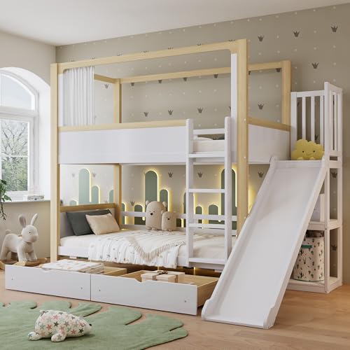 Doyisy Etagenbett, Kinderbett, Zwei Schubladen mit Rollen, Mit Kinderrutsche, Oberes Bett mit einem Stoffvorhang, Kiefer + MDF + Sperrholz, Weiß+Natur, 90x200cm Doyisy Etagenbett, Kinderbett, Zwei Schubladen mit Rollen, Mit Kinderrutsche, Oberes Bett mit einem Stoffvorhang, Kiefer + MDF + Sperrholz, Weiß+Natur, 90x200cm von Doyisy