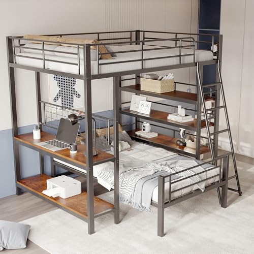 Doyisy Etagenbett Metallrahmen Hochbett 140x200, Multifunktionsbett mit Mehreren Ablagefächern, Schwarz von Doyisy