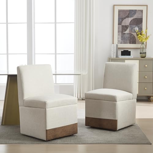 Doyisy Gepolsterte Esszimmerstühle 2er Set Drehbare Esszimmerstühle Küchenstühle Rollen & Lagerung Bequemer Moderner Rollsessel Weiß Armloser Stuhl aus Stoff Leinen von Doyisy
