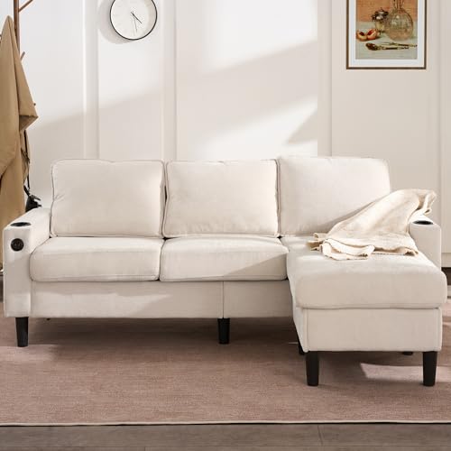 Doyisy Gepolstertes Sofa und Couch mit USB- und Typ-C-Anschlüssen, 3-Sitzer-Sofa mit Zwei Getränkehaltern, L-förmiges Schlafsofa,Leinen 200.6x139.7x82.5cm (Beige) von Doyisy