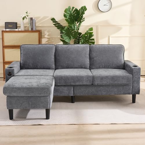 Doyisy Gepolstertes Sofa und Couch mit USB- und Typ-C-Anschlüssen, 3-Sitzer-Sofa mit Zwei Getränkehaltern, L-förmiges Schlafsofa,Leinen 200.6x139.7x82.5cm (Grau) von Doyisy