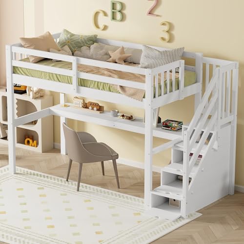 Doyisy Hochbett,90 x 200,Kinderhochbett mit Stauraumschubladen und Unterbettschreibtisch, Weiß von Doyisy