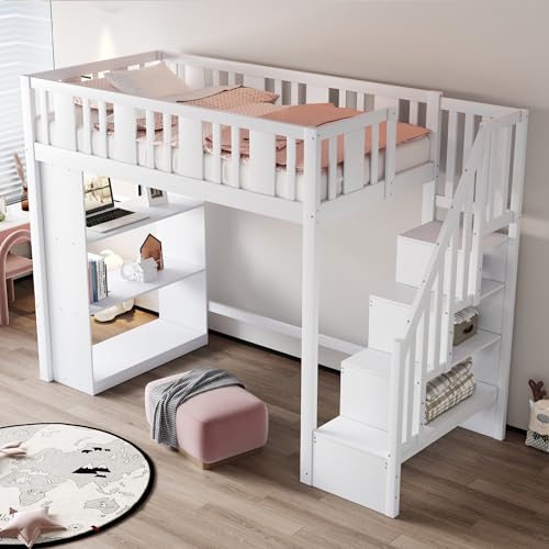 Doyisy Hochbett 90 x 200 cm, Kinderbett mit Stauraumtreppe, Hochbett mit Mehreren großen Staufächern, Funktionsbett, Kinderbett, Jugendbett, Holzbett (ohne Matratze) (Weiß) von Doyisy