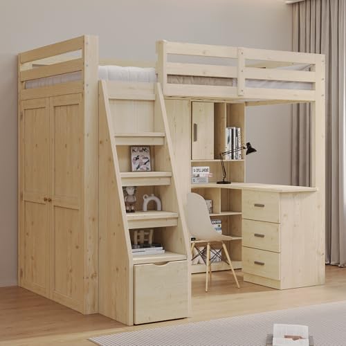 Doyisy Hochbett 90x200cm, Mit Stauraum-Sicherheits-Kletterleiter, Mit Stauraum-Kleiderschrank, Einzelbett Jugendbett Kinderbett, Massivholzrahmen (Original Holzfarbe) von Doyisy