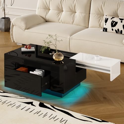 Doyisy Hochglanz-Couchtisch mit LED-Beleuchtung, ausziehbarer Tischplatte, verstecktem Stauraum und 16-farbig einstellbarem Lichtband 80x50x35.5cm (schwarz-weißer-1) von Doyisy