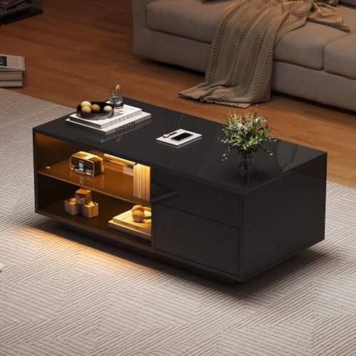 Doyisy Höhenverstellbarer Couchtisch, Wohnzimmertisch mit LED, Hochglanz-Couchtisch mit 1 Schublade, Sofatisch mit Trennwand aus gehärtetem Glas und verstecktem Stauraum Doyisy Höhenverstellbarer Couchtisch, Wohnzimmertisch mit LED, Hochglanz-Couchtisch mit 1 Schublade, Sofatisch mit Trennwand aus gehärtetem Glas und verstecktem Stauraum von Doyisy