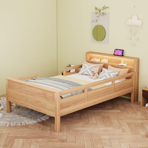Doyisy Holzbett 90 x 200 cm, USB- und Tape-C-Kombi-Steckdose, kleine LED-Leuchte, Kopfteil mit Ablagefunktion, Kinderbett, Einzelbett, Multifunktionsbett,Kiefernholz, Holzfarbe von Doyisy
