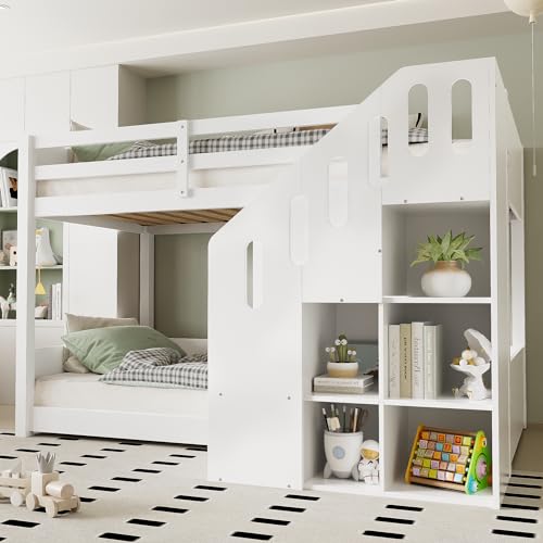 Doyisy Kinder Hochbett 90x200cm, Etagenbett 2 Kinder, Kinderbett mit Treppen und Stauraum, Rausfallschutz, mit Lattenrost, Massivholz + MDF, ohne Matratze, Weiß von Doyisy