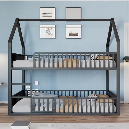 Doyisy Kinder-Etagenbett 140x200, Metall-Doppelbett, Kinder-Familienbett, Etagenbett mit Treppe, Loft-Design, Unteres Bett mit Kleiner Tür zum Öffnen und Schließen (Schwarz) von Doyisy