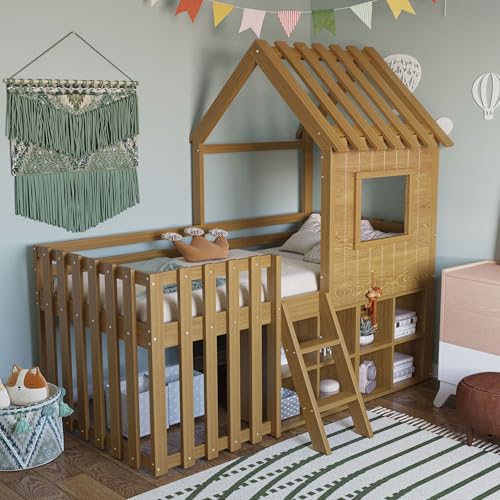Doyisy Kinderbett Hausbett 90x200, mit Dach und Fenster, mit offenem Stauraum, mit Kletterleiter, Massivholz-Kinderetagenbett ohne Matratze (Holzfarbe) von Doyisy