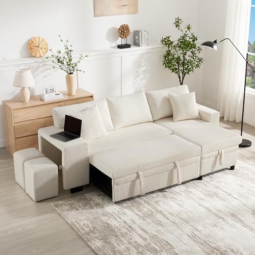 Doyisy Klappsofa mit Schlaffunktion, L-förmiges umbaubares Ecksofa mit USB-Ladeanschluss und Kissen, 3-Sitzer-Umbausofa mit Seitenablagen und Stauraum 231x131.5x84cm (Beige) von Doyisy
