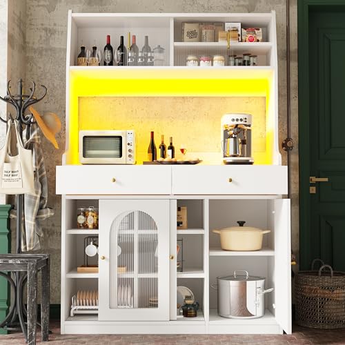 Doyisy Küchenschrank, Hochschrank, Vitrinenschrank, Buffetschrank mit Verstellbaren Ablagen, Esszimmerschrank mit 2 Schubladen,Sideboard mit LED-Beleuchtung (Weiß) von Doyisy