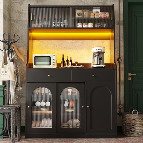 Doyisy Küchenschrank, Hochschrank, Vitrinenschrank, Buffetschrank mit Verstellbaren Ablagen, Esszimmerschrank mit 2 Schubladen,Sideboard mit LED-Beleuchtung (schwarz) von Doyisy