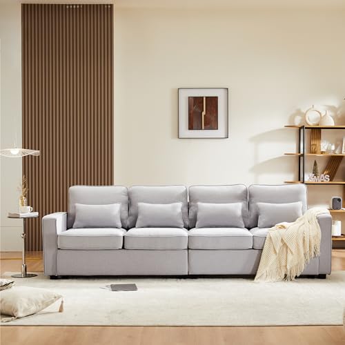 Doyisy Modernes 4-Sitzer-Sofa aus Leinenstoff, Viersitzer-Sofa mit Armlehnentaschen und 4 Kissen, im einfachen Stil, geeignet für Wohnzimmer, Wohnung, Büro 264x83x87cm (Grau) von Doyisy