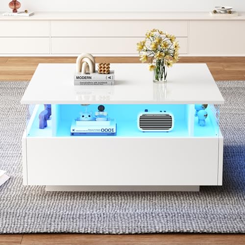 Doyisy Modernes Hochglanz-LED-Couchtisch Kaffeetisch 70 * 70 * 41cm mit 2 Schubladen und transparentem Präsentationsbereich – Belastbar bis 30 kg, ideal für stilvolle Wohnzimmer von Doyisy