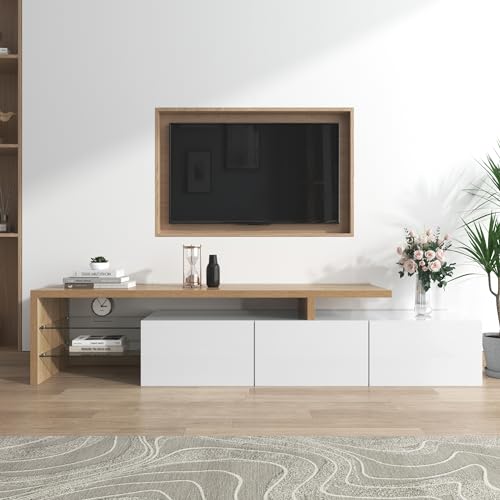 Doyisy Modernes TV-Schrank-Design: Stilvolle Eleganz, praktischer Stauraum, Hochglanzweiß, Holzoptik, Glasböden, LED-Beleuchtung 197.5 L x 39 B x 42H(cm) von Doyisy